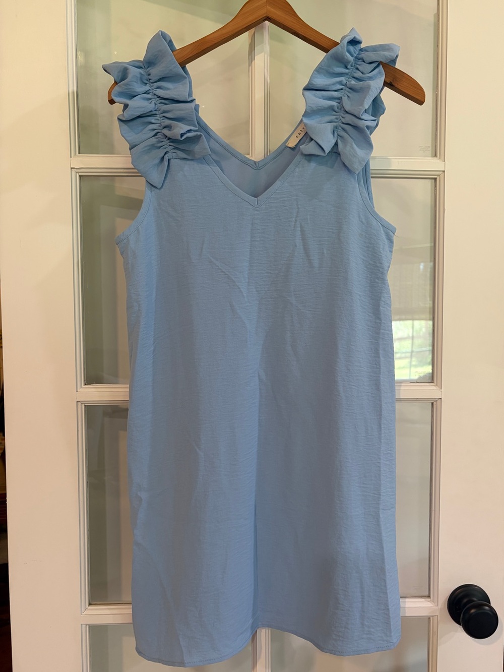ENTRO Blue Ruffle Dress - Crepe fabric, Flowy, Feminine, Sleeveless, V-Neck